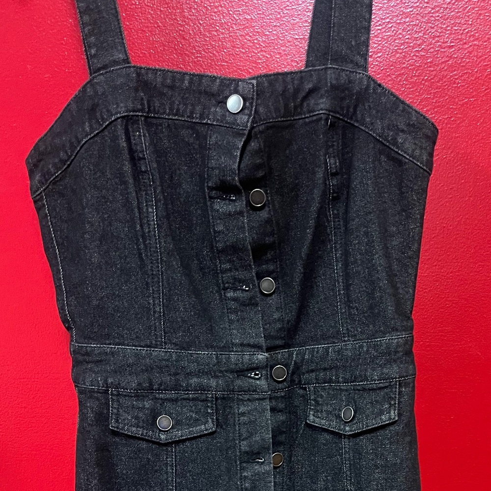 David Lerner New York women's black denim dress Sleeveless A-Line Midi